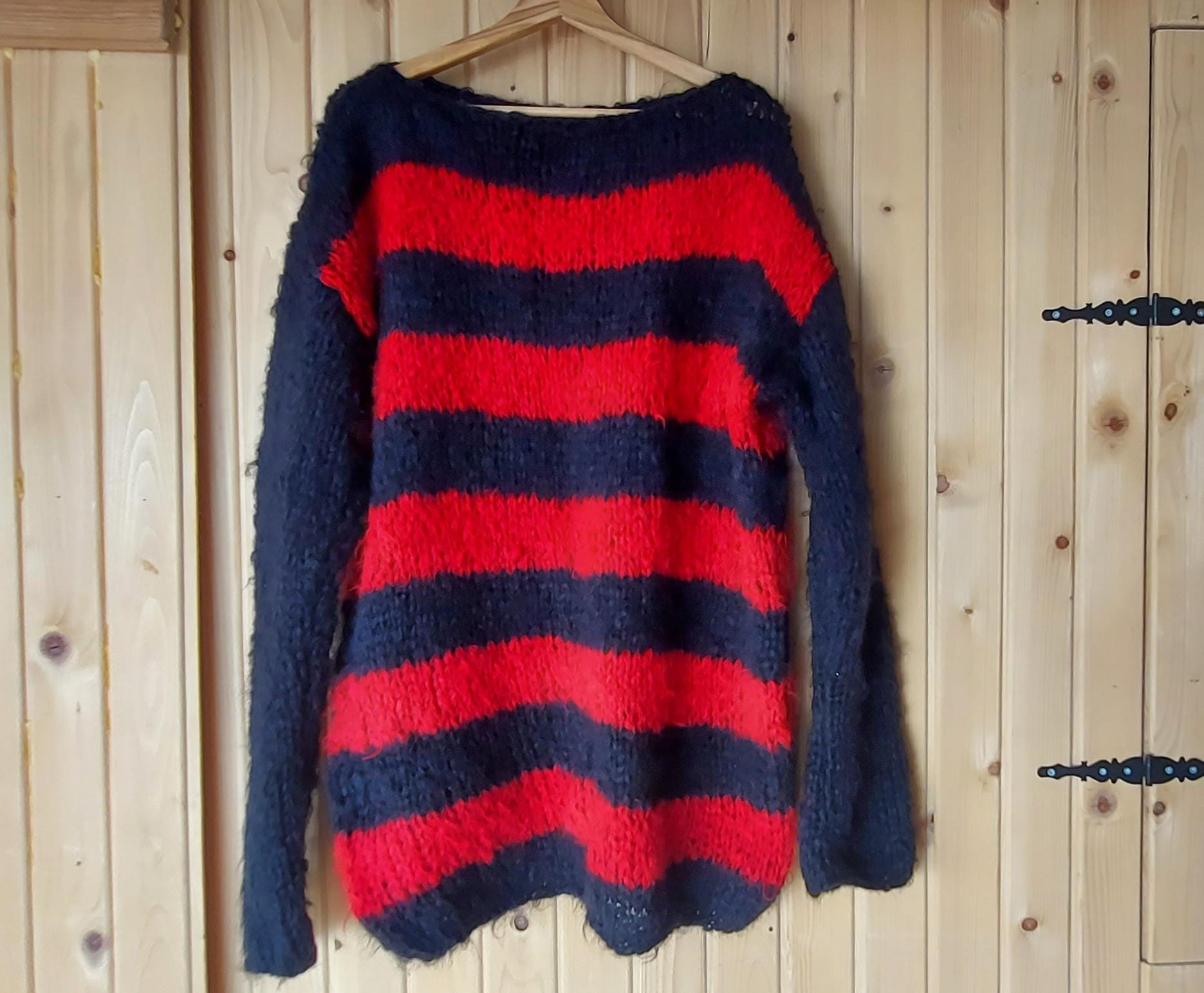 Red Black Striped Grunge Pullover, Punk Mohair Sweater With