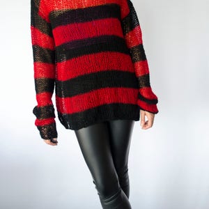 Red and Black Mohair Sweater, Unisex Knit Top, Striped Jumper, 90s Grunge, Punk, Rave, by myAqua image 5