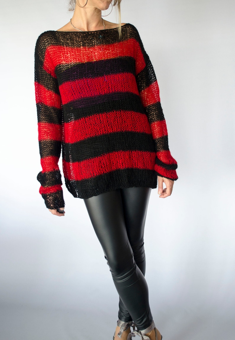 Red and Black Mohair Sweater, Unisex Knit Top, Striped Jumper, 90s Grunge, Punk, Rave, by myAqua image 5