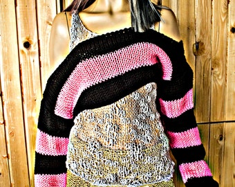 Pink Striped Crop Sweater, Edgy Black & Pink Long Sleeve Jumper, Harajuku Punk Vibes: Goth Fashion by myAqua