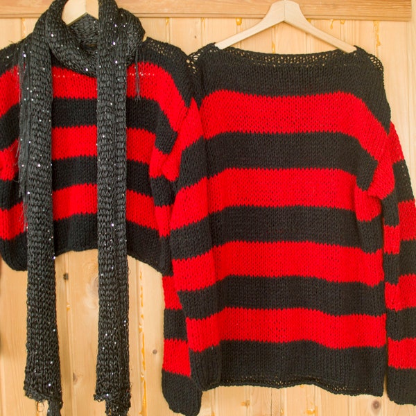 Striped Sweater, 90s Style Grunge Jumper, Nonbinary Punk Shirt, Red Black Stripes, Grunge Clothing, Goth Outfit, 100% Acrylic, Unisex