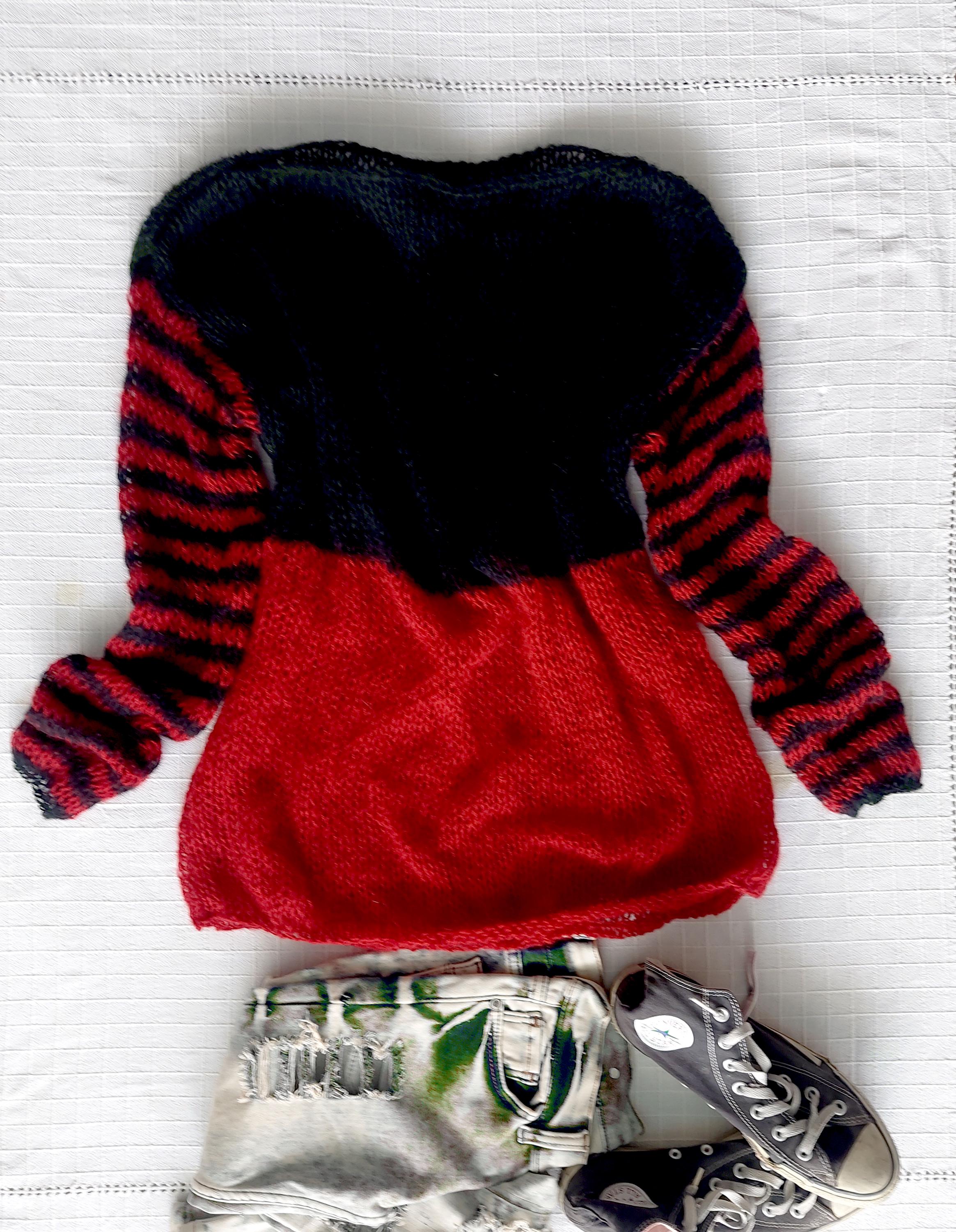 Red & Black Grunge Sweater, Punk Mohair Pullover, See
