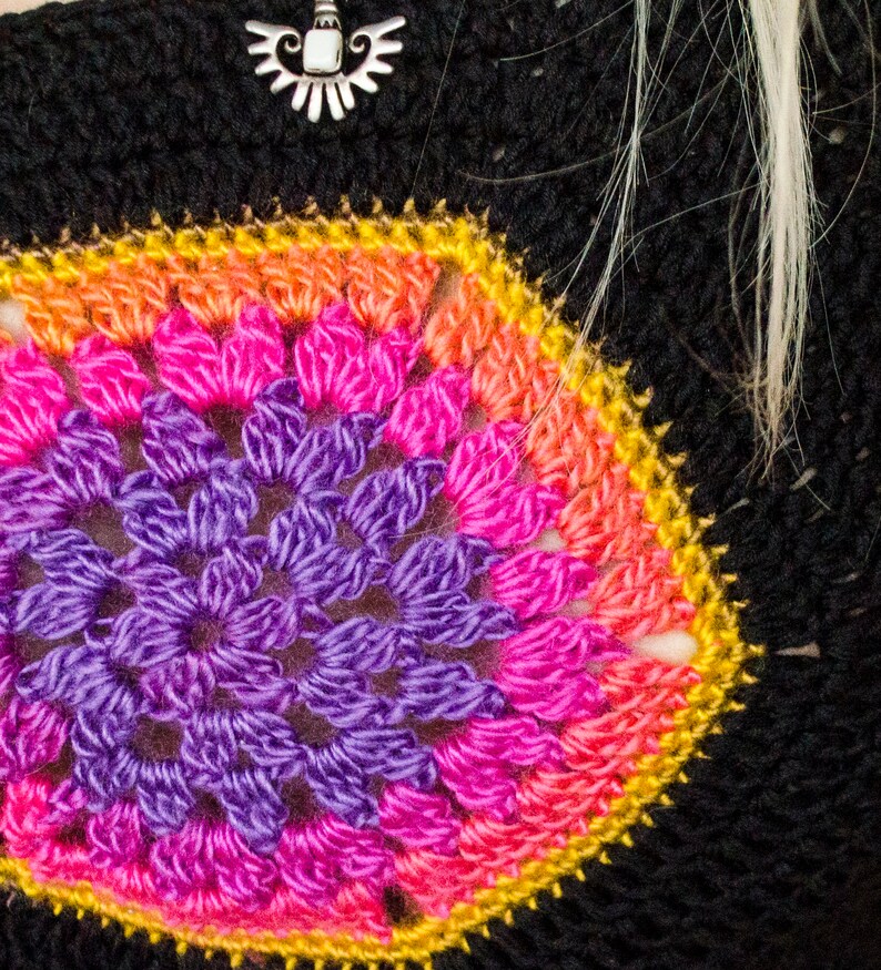 Crochet Top Rainbow Mandala Backless Top in Black Crochet Hippie Clothes for Woman Hippie Festival Shirt with See Through Mandala Design