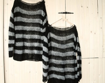 Grunge Striped Mohair Sweater -90s Black and Gray Punk Mohair Baggy Jumper - See Through Striped Top - Edgy Rave Fashion Gift by myAqua