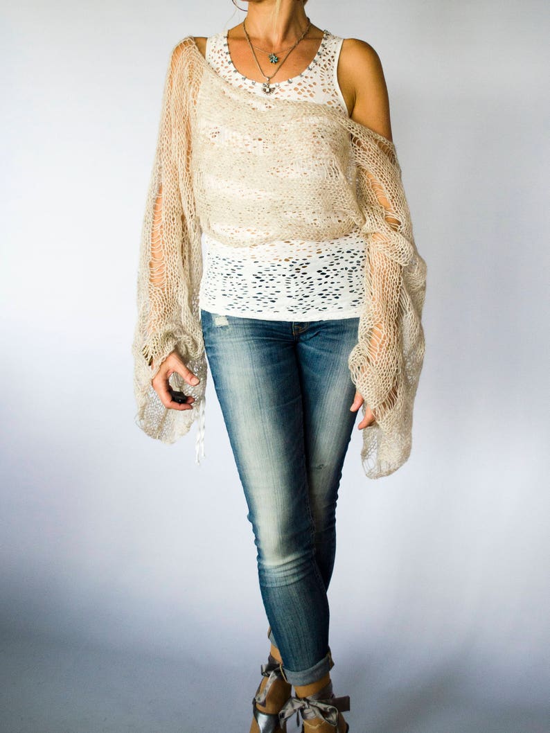 Boho Beige Cropped Sweater Loose Knit Mohair Shrug with Large Bell Sleeves Sheer Mohair Sweater Stylish See Through Knitwear by myAqua image 8