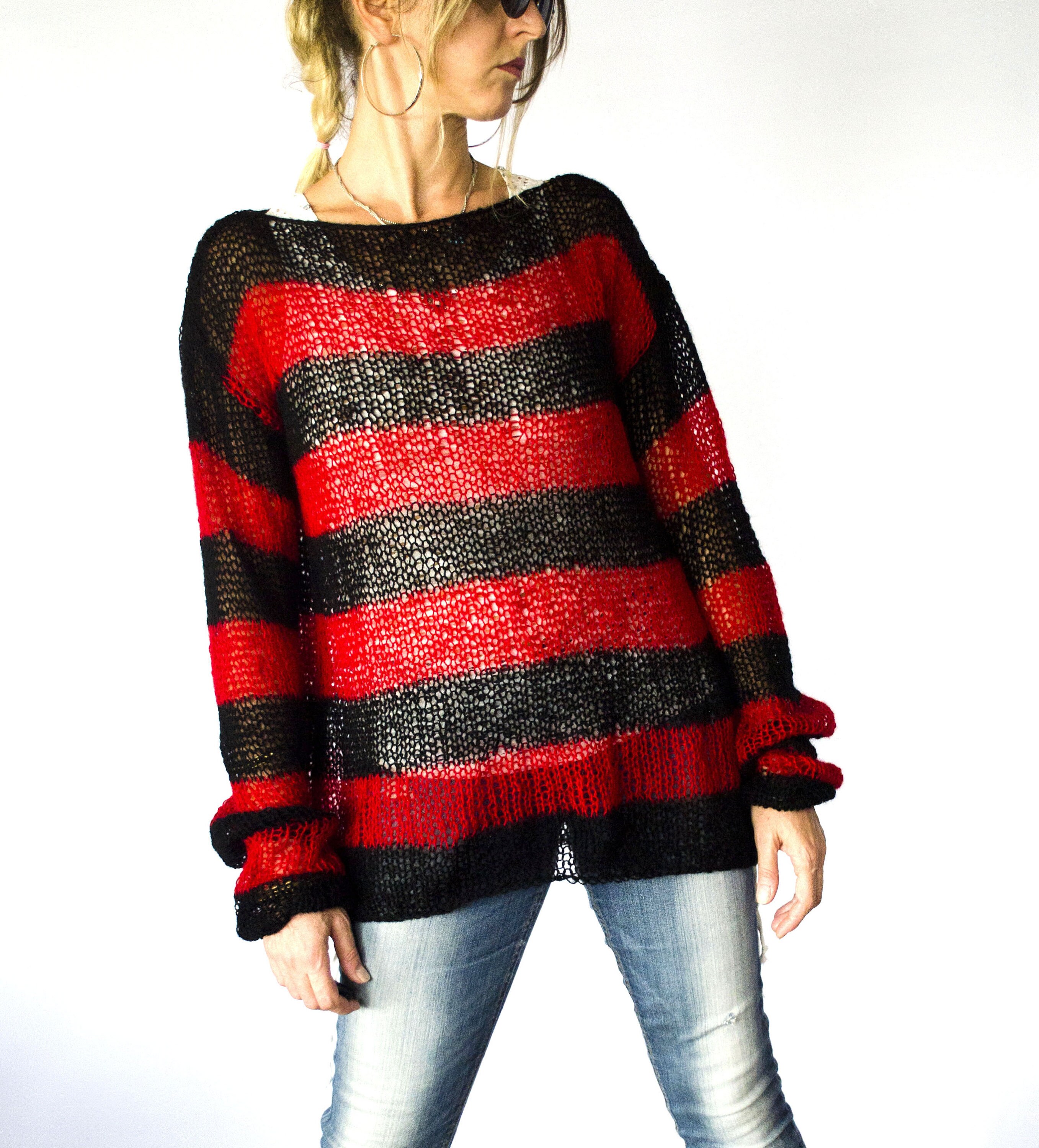 Red and Black Striped Jumper Punk Mohair Sweater in 90s - Etsy