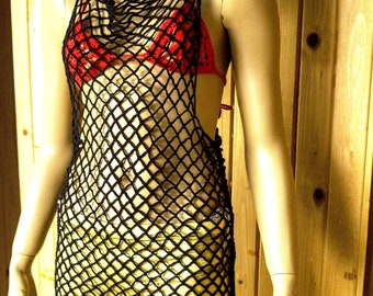 Black Crochet Fishnet Halter Dress - Below the Knee Length - Handmade Boho Summer Fashion