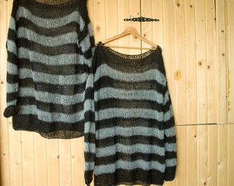 Black and Gray Striped Top, Mohair Sweater, Punk Mohair Jumper, See Through Striped Jumper, 90s Grunge, Punk, Rave, by myAqua Black and Gray Striped Top, Mohair Sweater, Punk Mohair Jumper, See Through Striped Jumper, 90s Grunge, Punk, Rave, by myAqua
