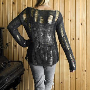 Black Destroyed Knit Sweater, Hand Knit Ripped Grunge Pullover, Punk Mall Goth Top, Dark Alt Distressed Knit, Concert Outfit Gift for Her image 12