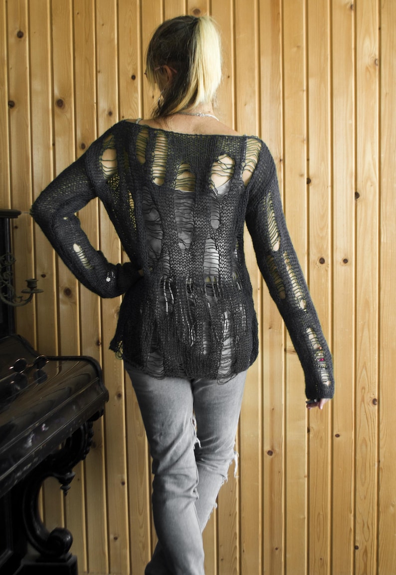 Black Destroyed Knit Sweater, Hand Knit Ripped Grunge Pullover, Punk Mall Goth Top, Dark Alt Distressed Knit, Concert Outfit Gift for Her image 12