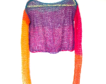 Maglione arcobaleno trasparente, top in rete boho, maglione trasparente a maniche lunghe, maglione traforato in maglia grossa, viola, rosso, arancione e blu di myAqua