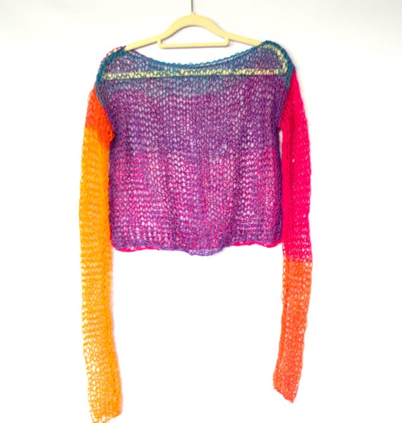 See Through Rainbow Sweater, Boho Mesh Top, Long Sleeve