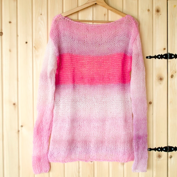 Pink Mohair Sweater, Magenta Mohair Jumper, See Through Hand-knit Top, Pastel Goth Mohair Top, Free Shipping Last Minute Gift by myAqua