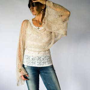 Boho Beige Cropped Sweater Loose Knit Mohair Shrug with Large Bell Sleeves Sheer Mohair Sweater Stylish See Through Knitwear by myAqua image 3