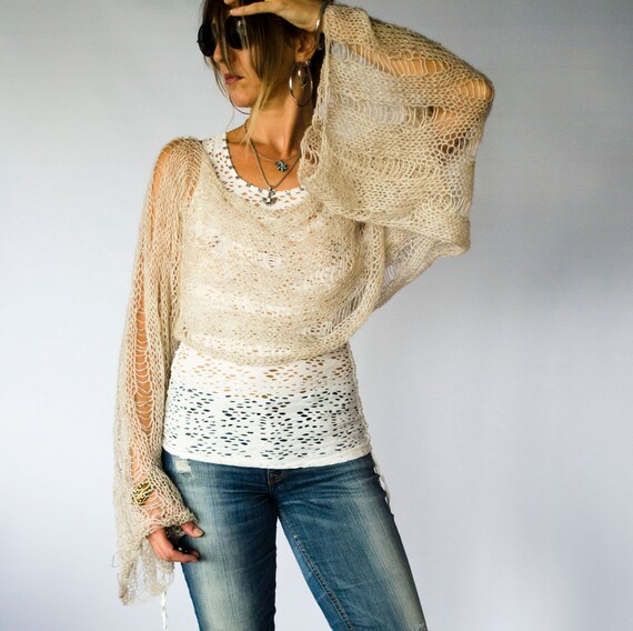 Beige Cropped Sweater Loose Knit Mohair Shrug Knit Blouse | Etsy