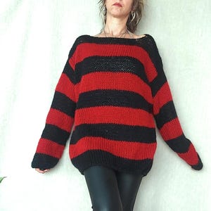 Mohair Sweater, 80s Punk Style, Nonbinary, Red Black Striped Jumper, Grunge Clothing, Punk Clothing, Unisex, Man Mohair Sweater by myAqua