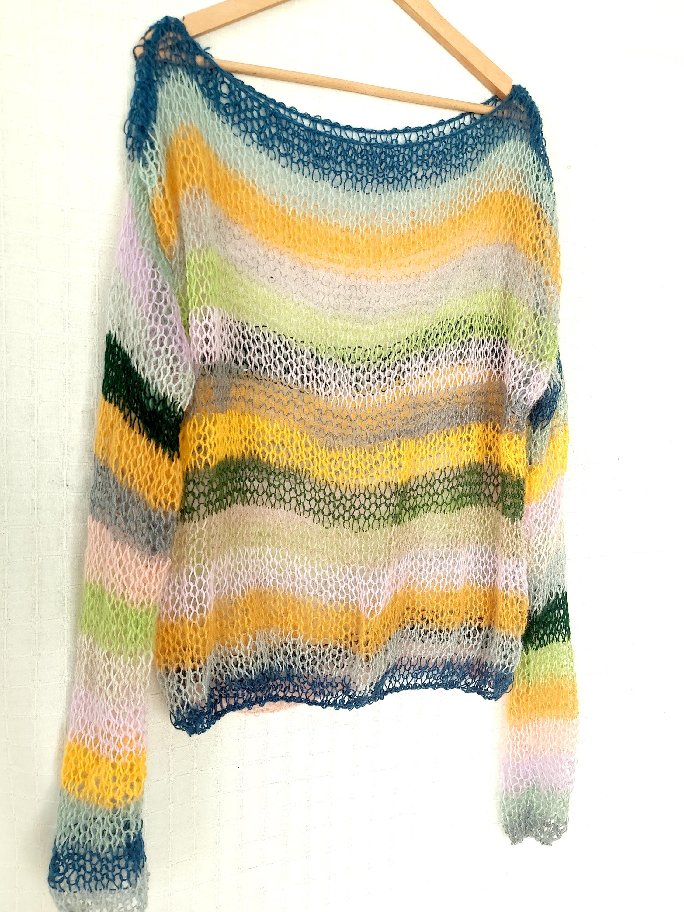 Grunge Mohair Sweater, Striped Knit Top, Sheer Distressed