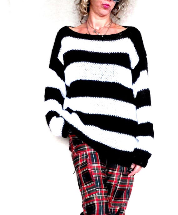 トップス layered punk grunge mohair knit sweater Red Black Striped Grunge Pullover, Punk Mohair Sweater With