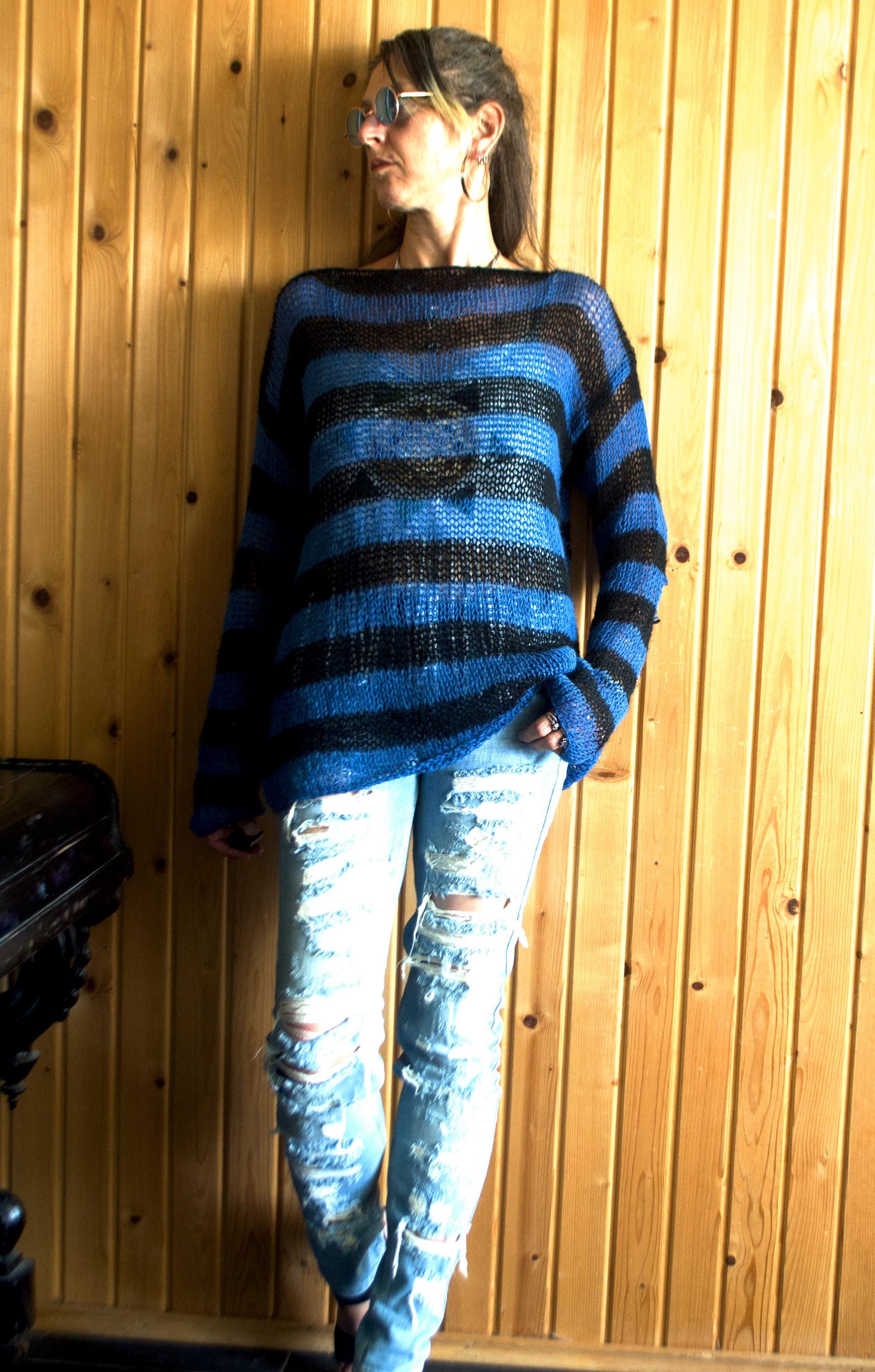 Grunge Mohair Sweater, Black Striped Sweater, Punk Rock Grunge Mohair Sweater, Black Striped Sweater, Punk Rock