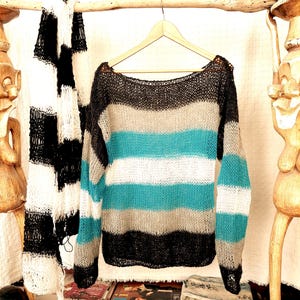 Punk Striped Knitwear, Unisex See-through Asexual Pullover, Alt Fashion Gift for Elder Emo Gen Z Gray Blue White