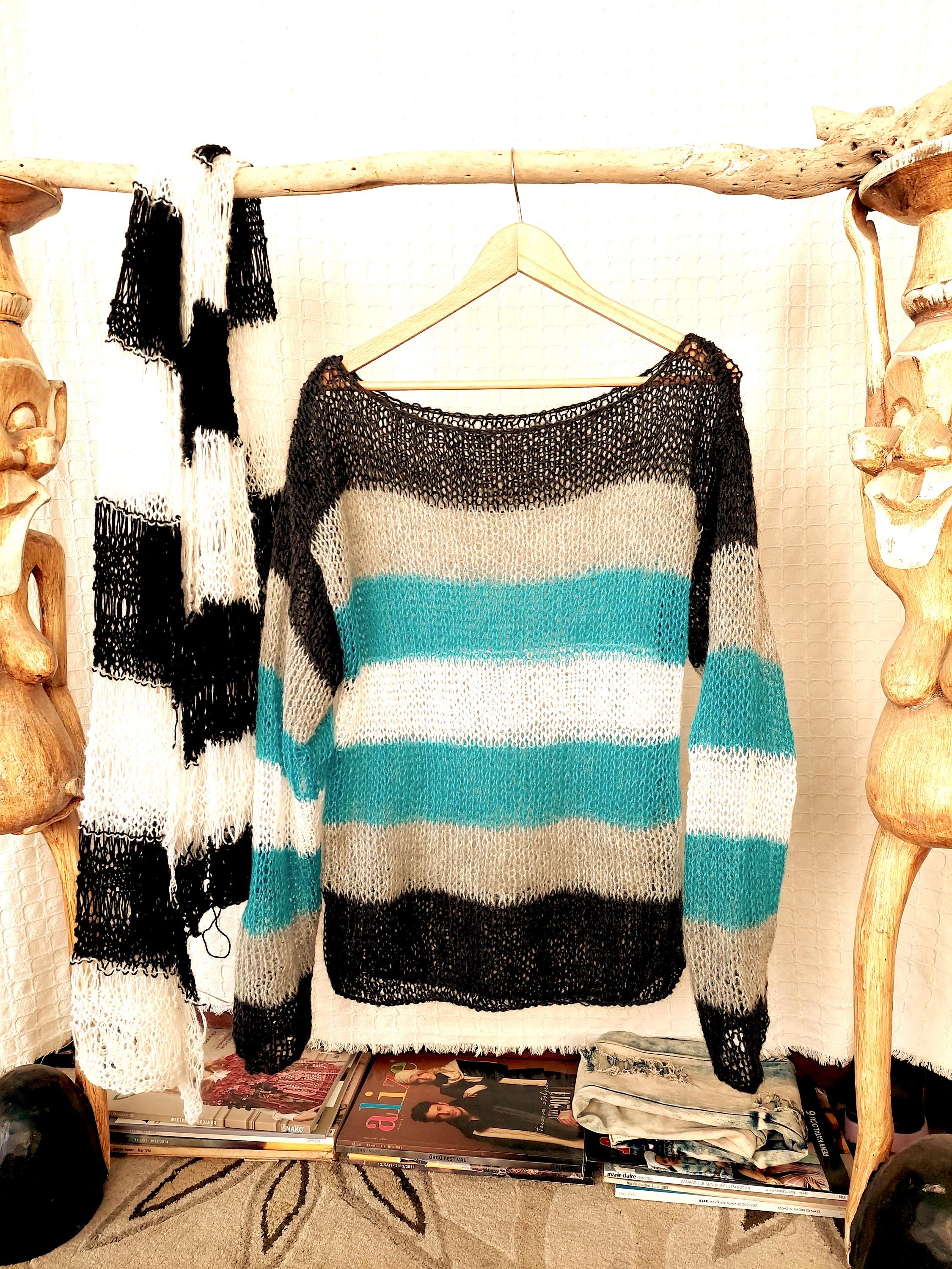 トップス layered punk grunge mohair knit sweater Grunge Mohair Sweater, Black Striped Sweater, Punk Rock