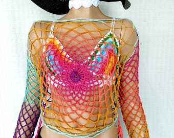 Bolero arcoíris, top de malla abierta transparente para fiestas rave, camisa de malla transparente de manga larga