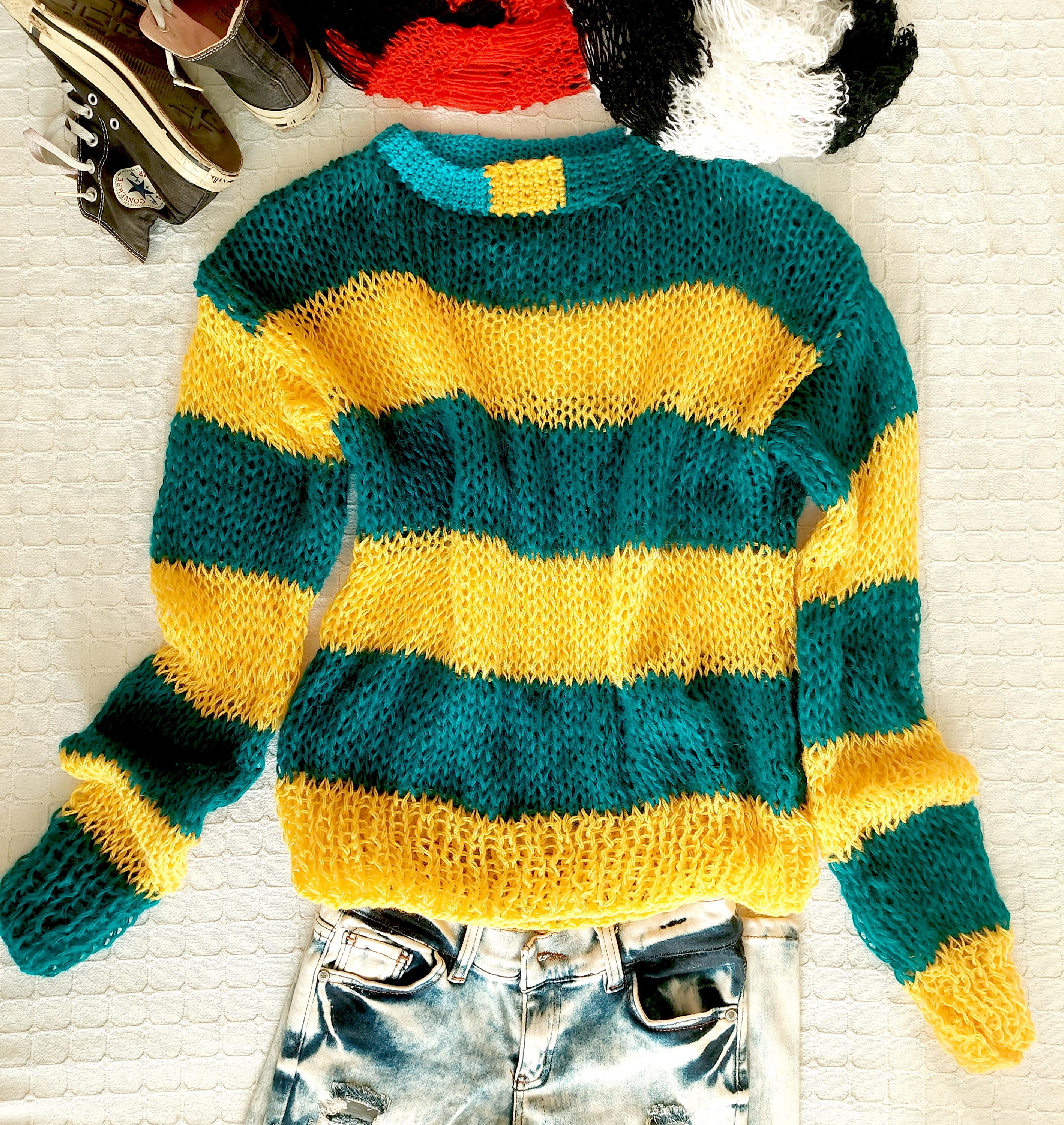 Punk Grunge Mohair Sweater, Oversized Yellow Green Striped
