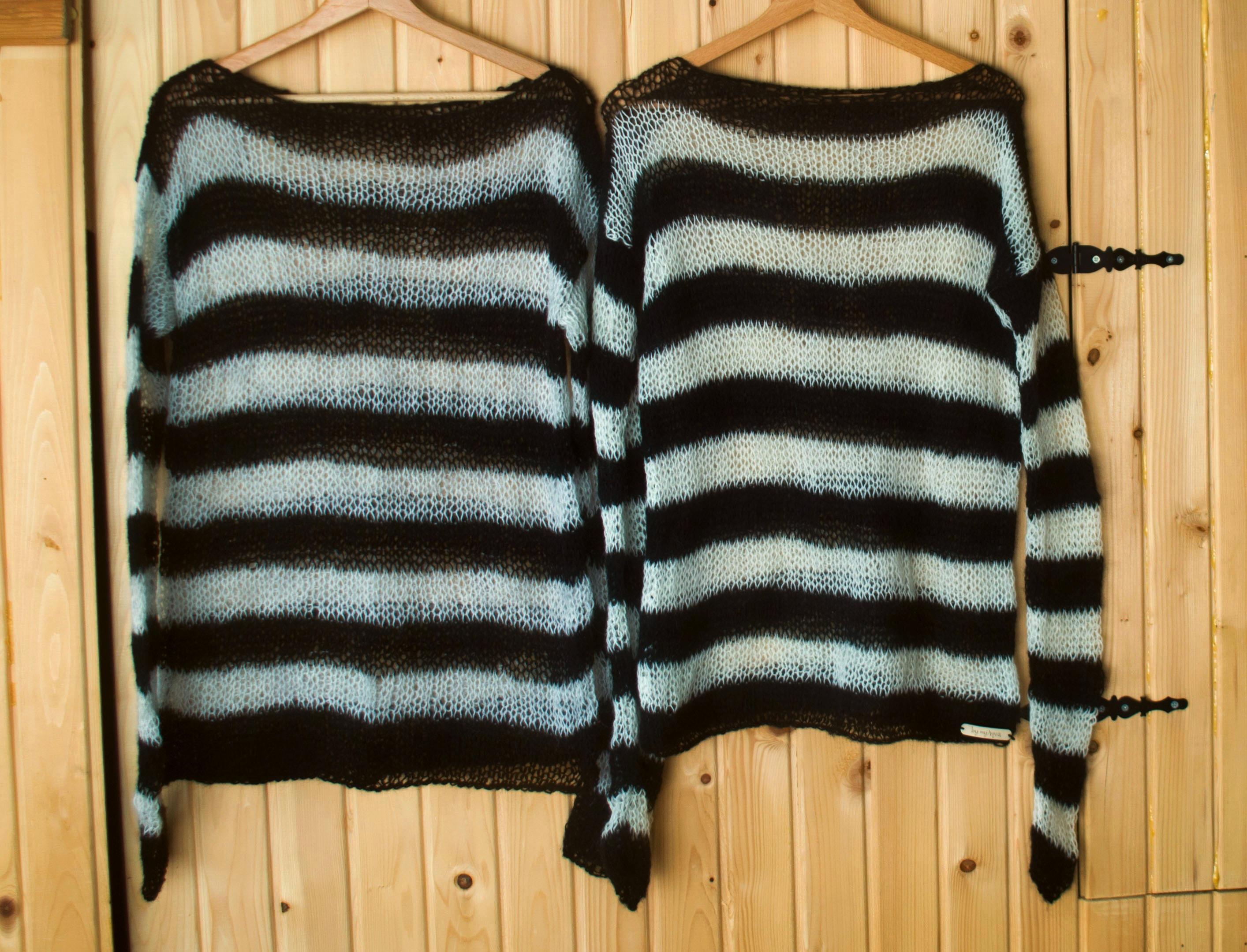 Black Gray Striped Punk Mohair Sweater, 90s Striped Grunge