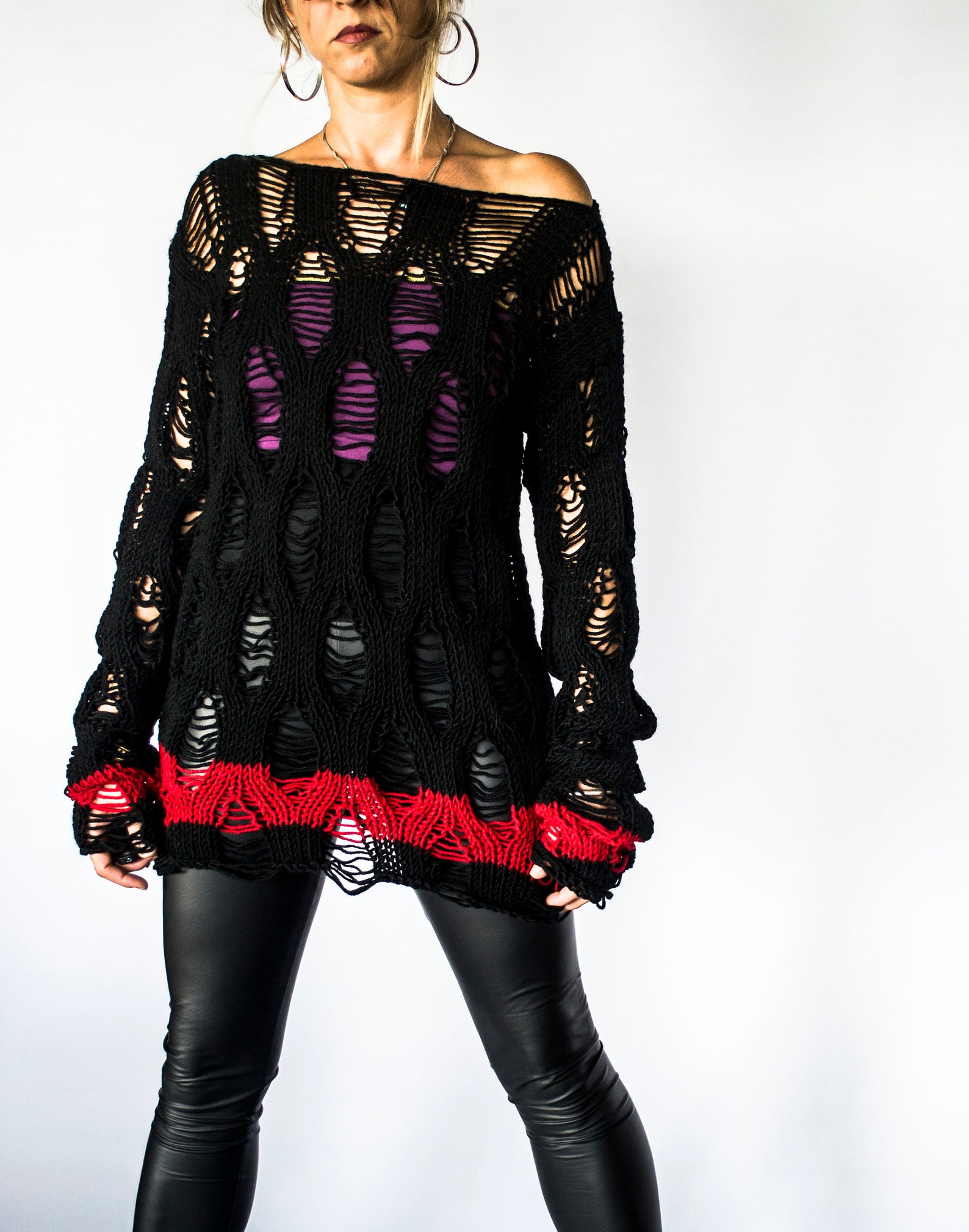 Punk Sweater With Black and Red Stripes Unisex Ripped Sweater Etsy