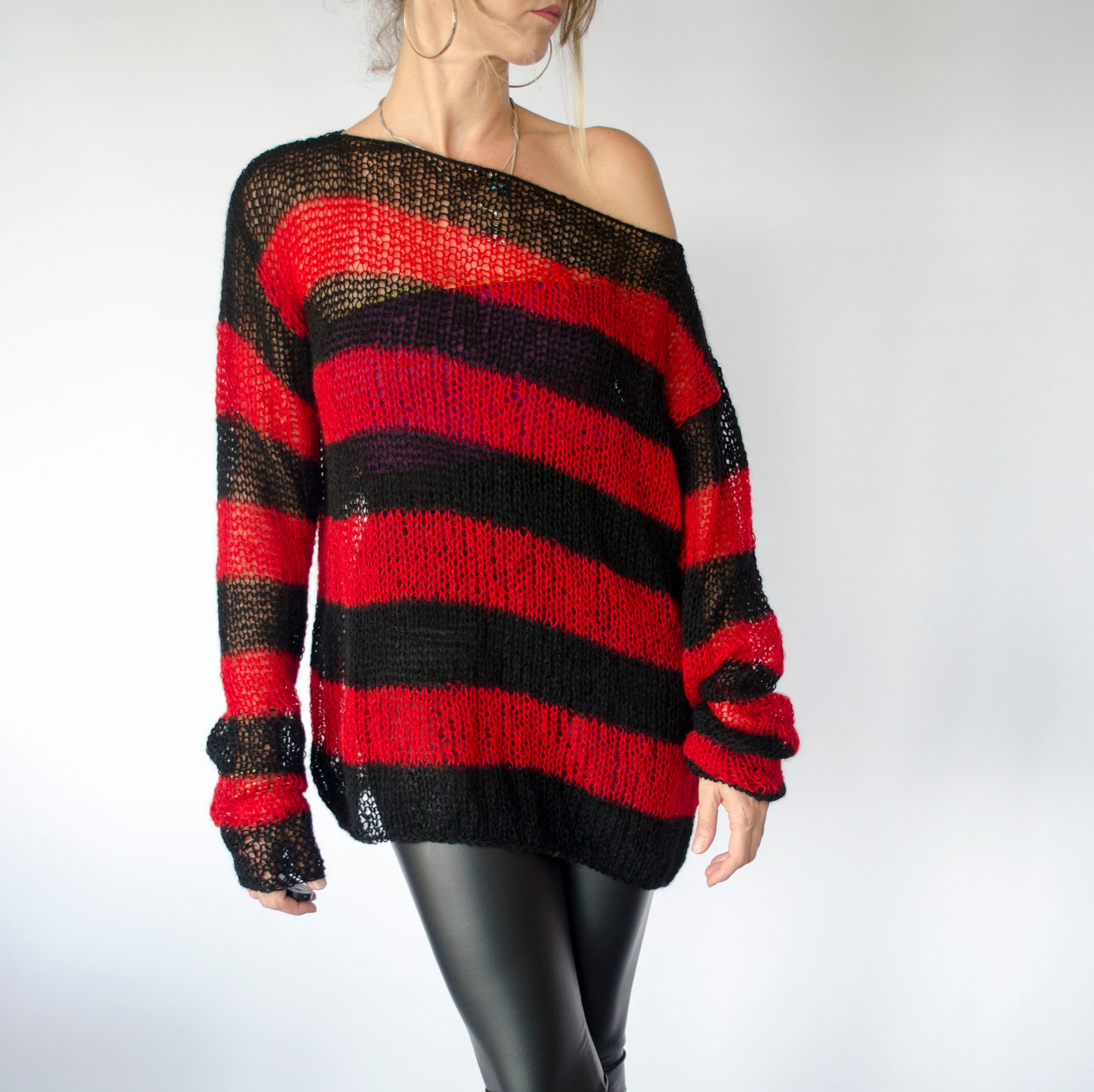 Striped Baggy Sweater, Red Black Punk Jumper, 90s Grunge