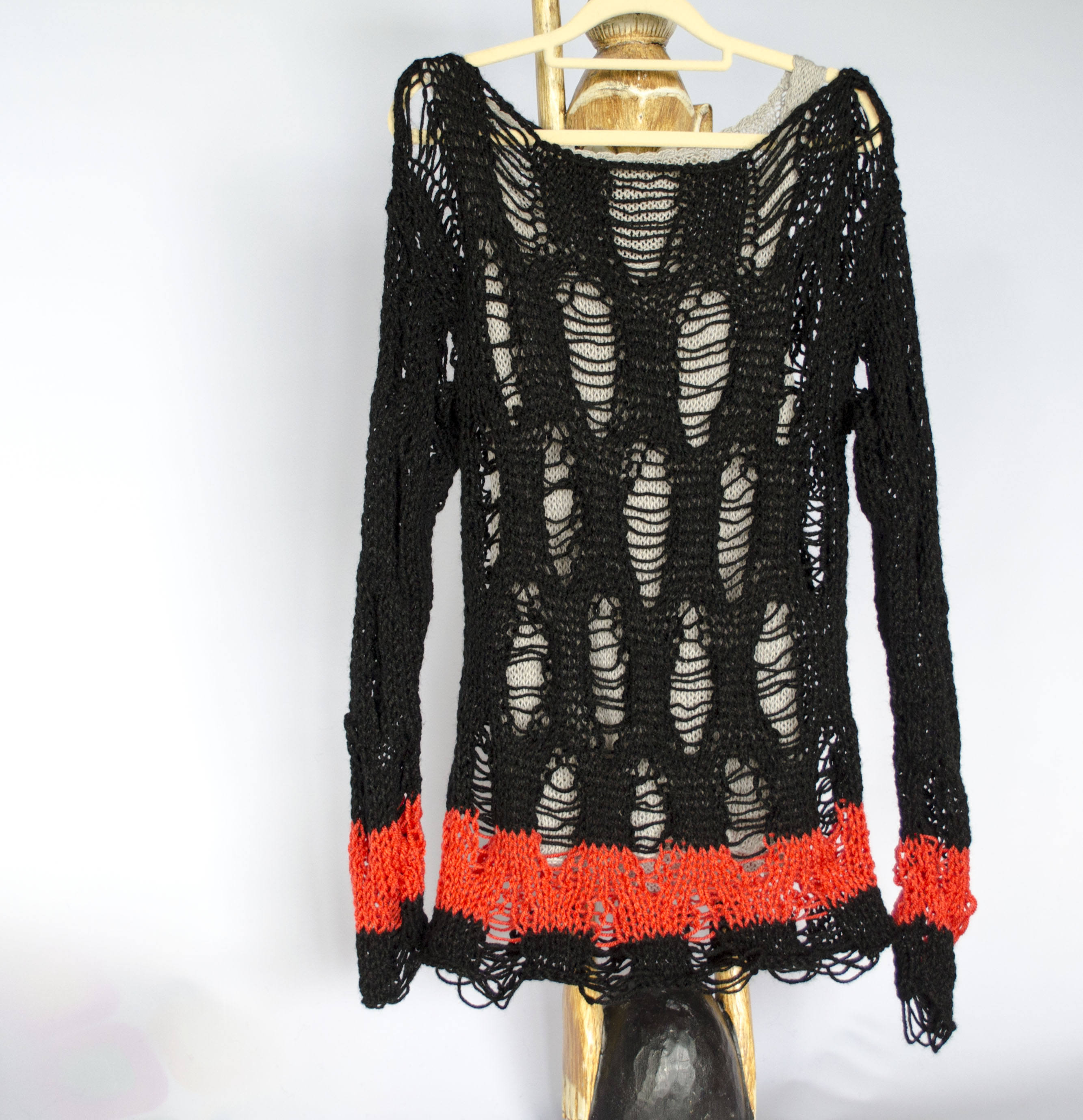 Punk Sweater, Black and Red Striped Jumper, Gothic Pullover, Oversized, Handknit, Destroyed on Purpuse, Goth Witch Pagan Clothing by myAqua