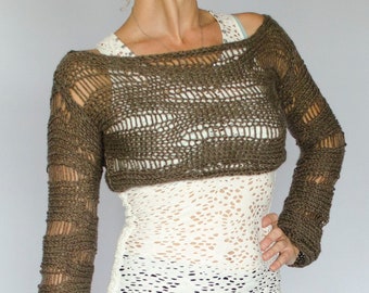 Light Brown Cropped Sweater Shrug Boho Knit Top with Long Sleeves, See Through Short Knit Top by myAqua