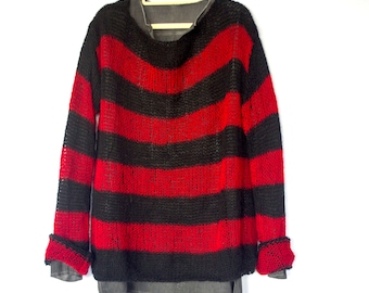 Unisex Mohair Sweater, Red and Black Striped Jumper, Red Striped Pullover, Black Clothing, Men Women Punk Style Mohair Sweater Top by myAqua