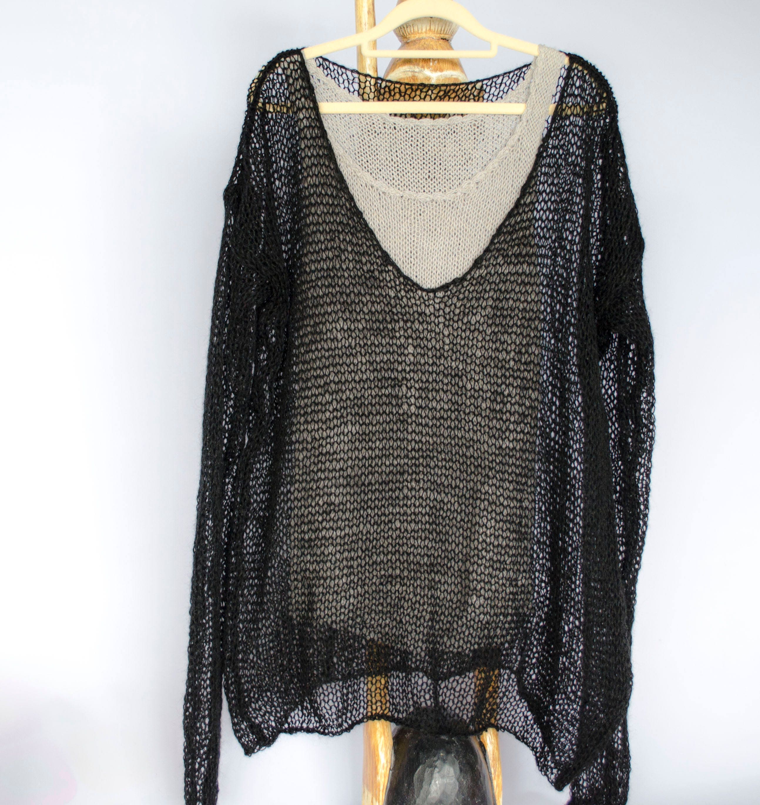 Mohair Sweater, Black Deep V Neck Mesh Knit Outfit, Unisex See 