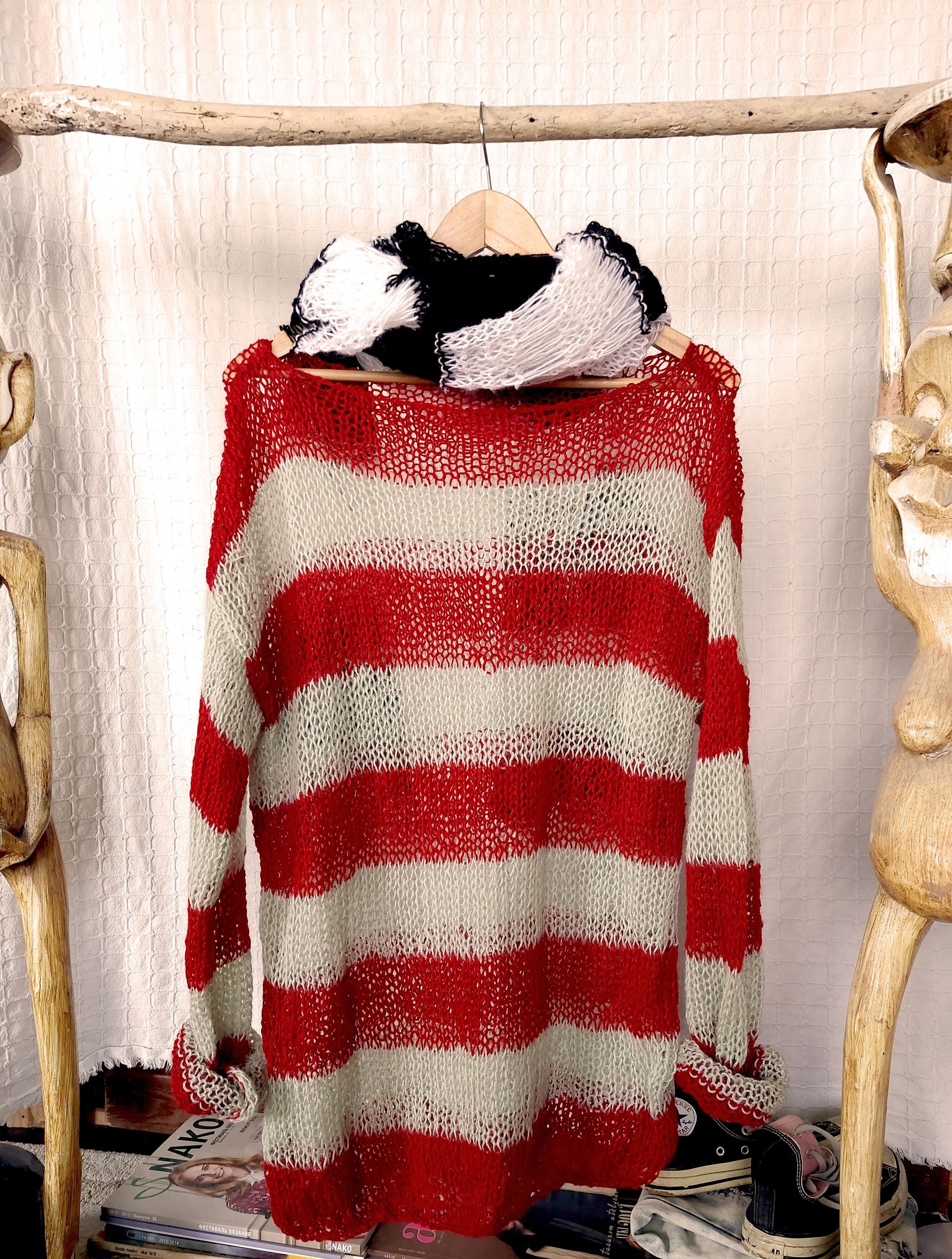 Red Green Grunge Mohair Sweater, Mohair Oversized Knit, 90s