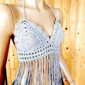 Crochet Fringe Halter Top, Beige Festival Bralette,  Bohemian Summer Crop Top Bustier, Beachwear Bikini Cover Up, Open Back Resort Tie Top