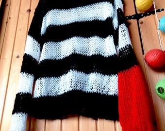 トップス layered punk grunge mohair knit sweater Grunge Black White Striped Mohair Knit Sweater, Handmade