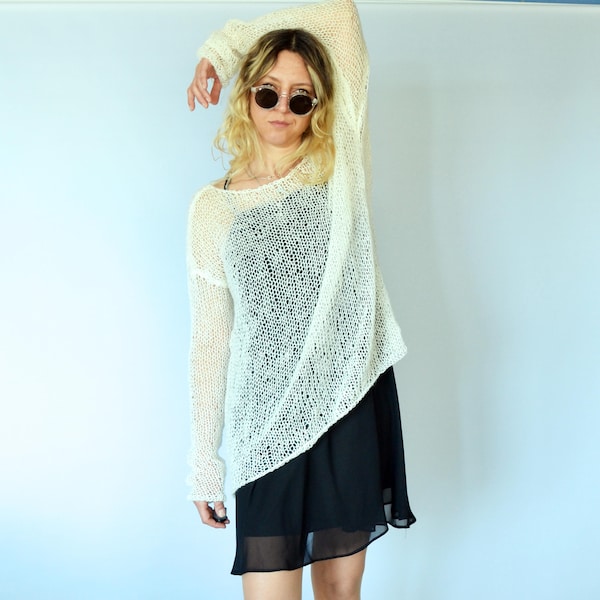 Handknit White Sweater, Mohair Off the Shoulder Sweater, Sheer Minimalist Top, White Jumper, Lightweight Pullover, Unisex Sweater by myAqua
