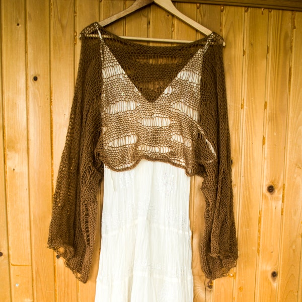 Chic and Cozy Handknit Mohair Sweater Shrug with See-Through Cropped Design and Wide Sleeves by myAqua