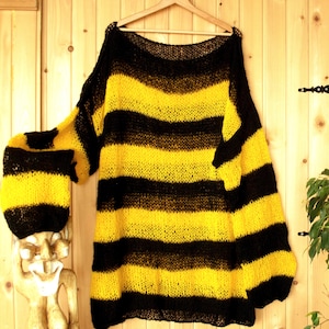 Oversized Goth Sweater, Bee Striped Sweater, Unisex Grunge Jumper, See Through Mohair Knitwear,  80s Baggy Clothing Yellow & Black Pullover