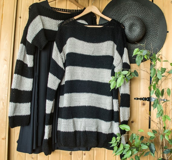 Black and Beige Striped Hand Knit Sweater in 90s Grunge