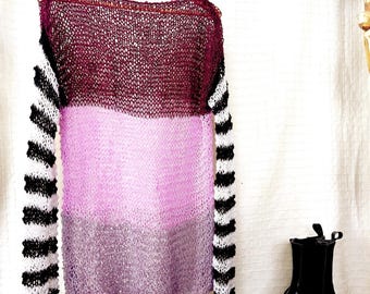 Purple Striped Grunge Mohair Sweater, Sheer Loose Knit Kawaii