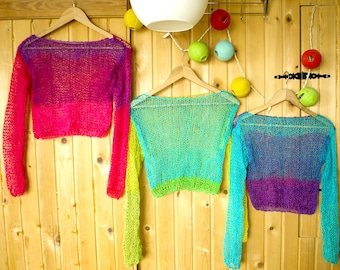 Whimsical Loose Knit Mohair Sweaters, See Through Fairycore Cropped Knit Top, Rainbow Grunge Knit,  Dopamine Dressing Knitwear