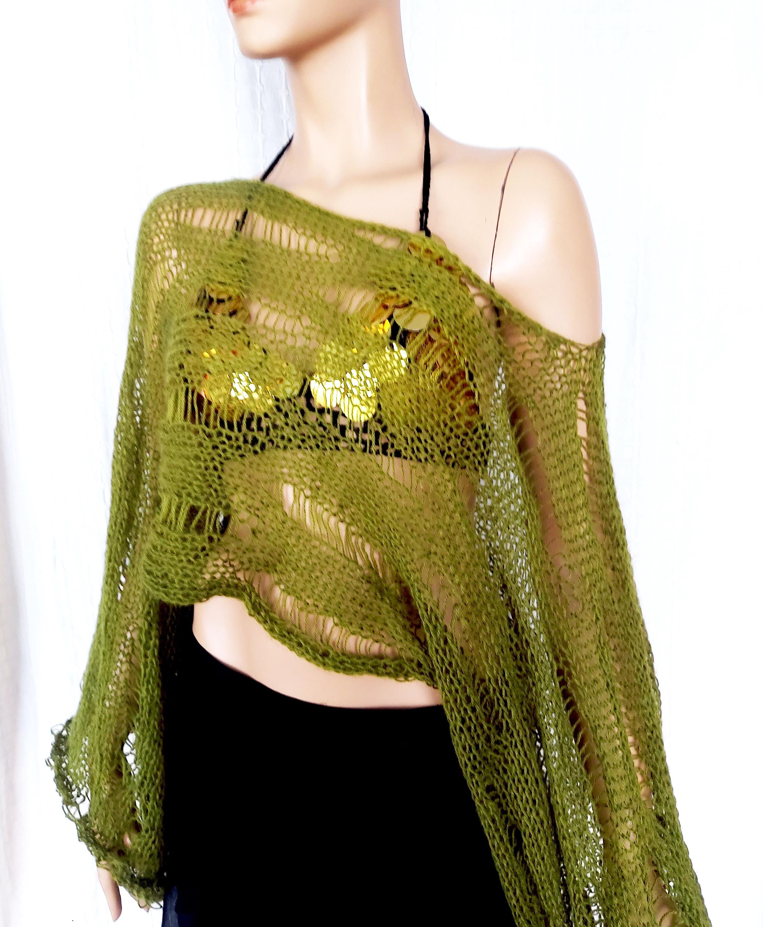 Hand Knit Mohair Sweater Shrug with Large Bell Sleeves; Olive Green See-Through Off Shoulder Sweater for Layering