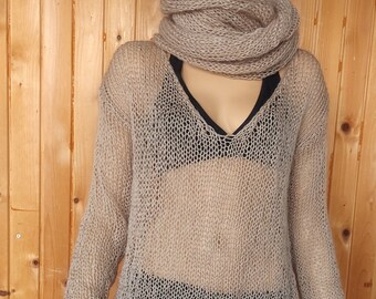 Beige Mohair Sweater, Deep V Neck Mohair Jumper, Hand Knit Sheer Sweater, Neutral See Through Boho Sweater, Knitwear Winter Gifts by myAqua