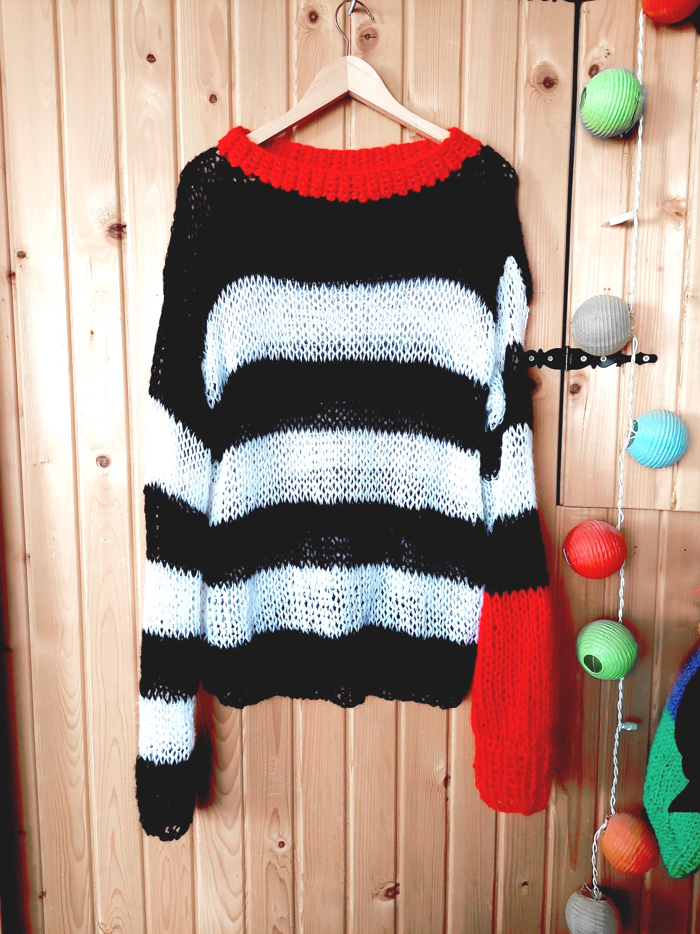 Striped Grunge Mohair Sweater, Red Black White Stripey Jumper