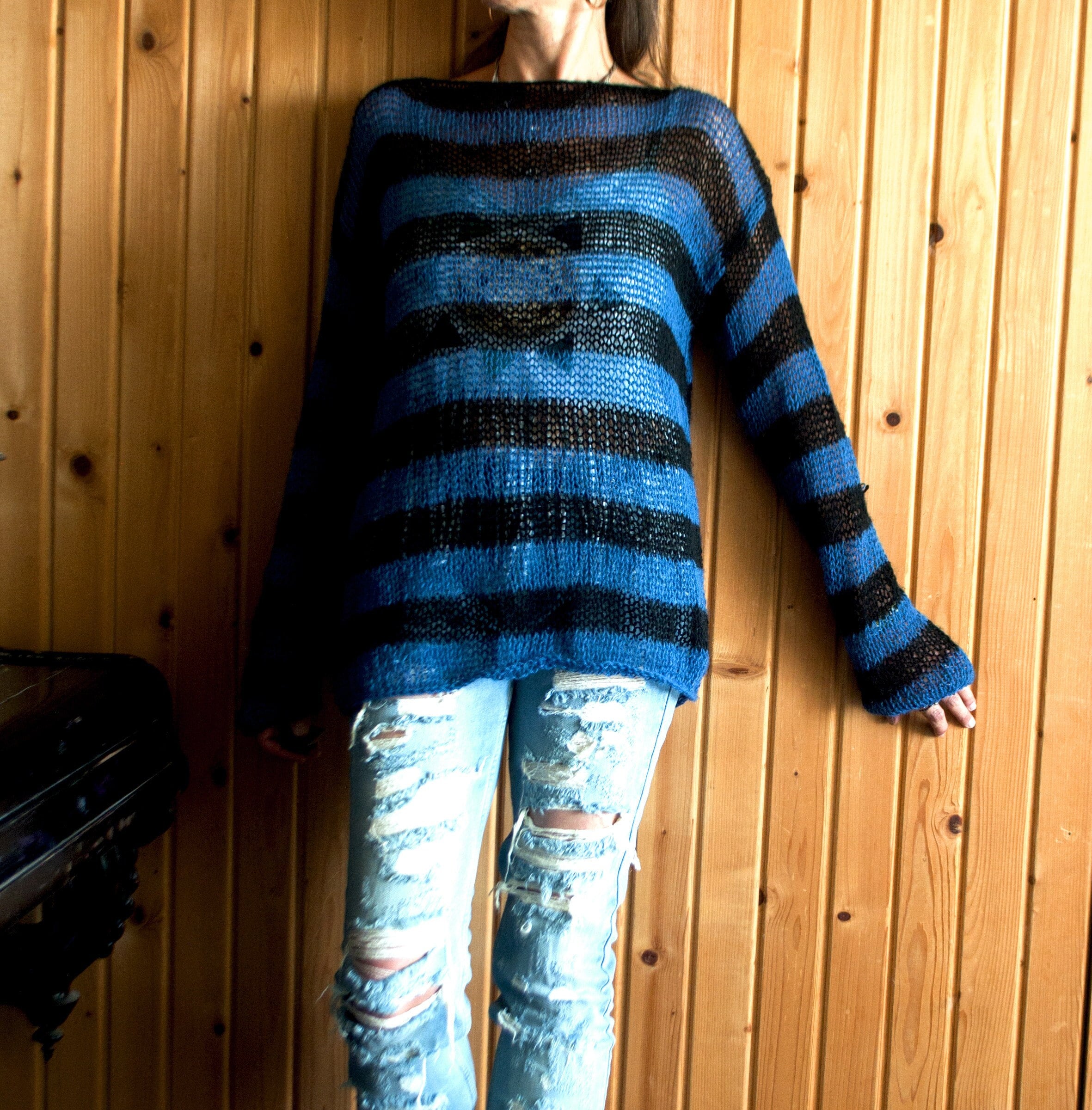 Striped Mohair Sweater, Loose Knit Grunge Sweater, See Through Blue and Black Striped Punk Mohair Jumper, Nonbinary Clothing by Myaqua - Etsy Striped Mohair Sweater, Loose Knit Grunge Sweater, See Through Blue and Black Striped Punk Mohair Jumper, Nonbinary Clothing by Myaqua - Etsy
