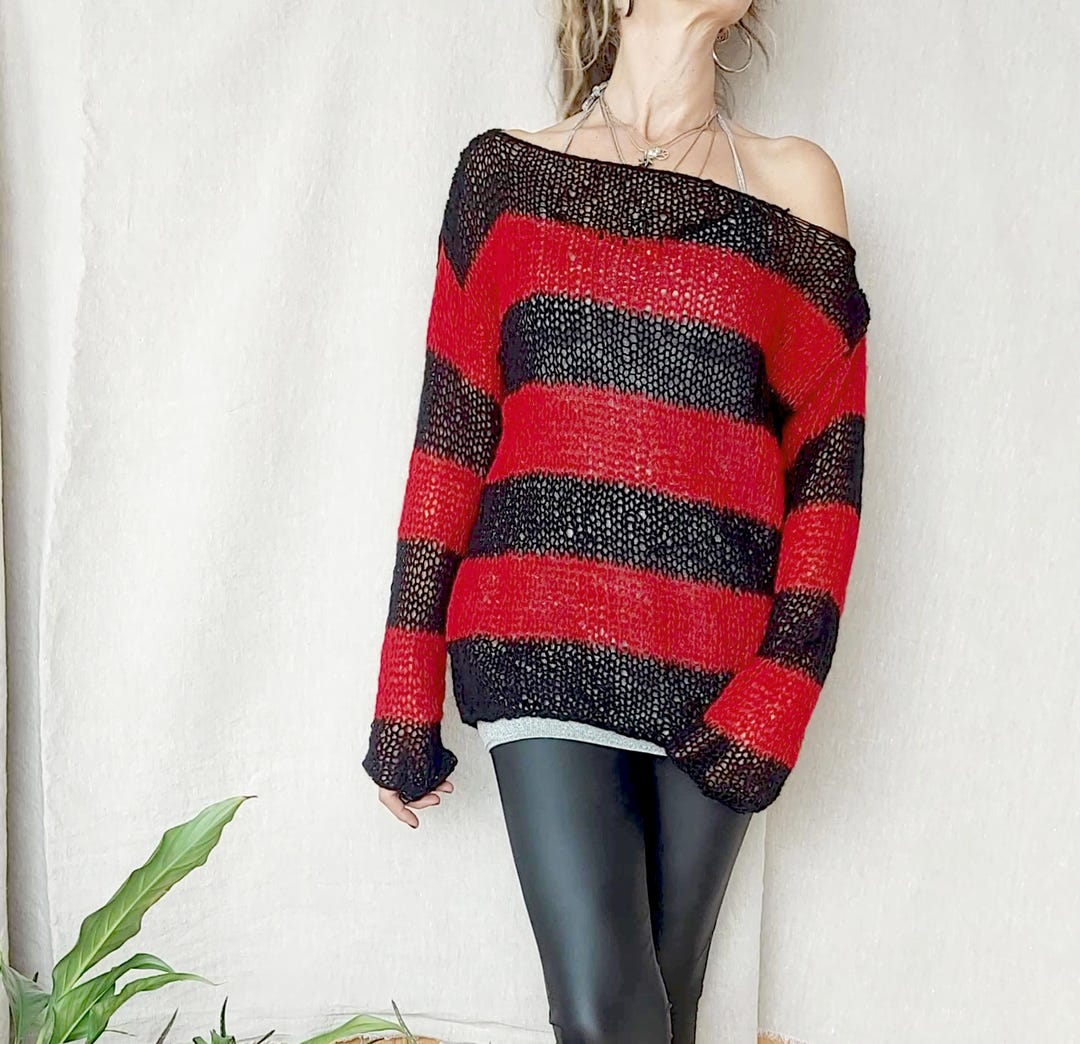 Oversize Pullover Pullover Rot Schwarz Gestreift Punk Mohair