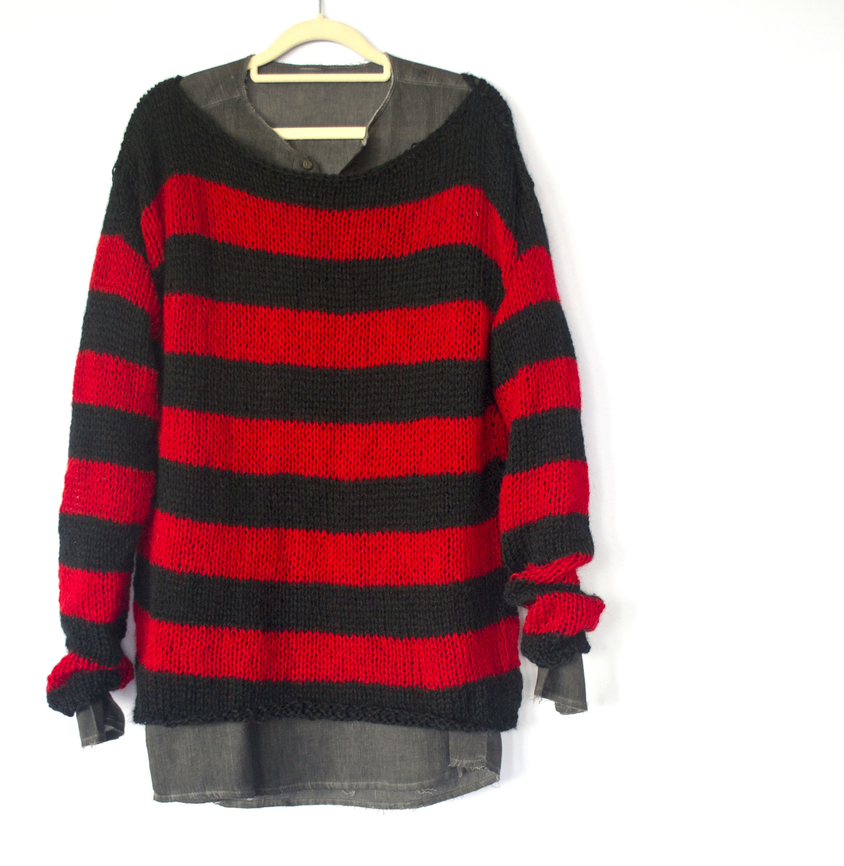 Mohair Sweater, 80s Punk Style, Nonbinary, Red Black Striped Mohair Sweater, 80s Punk Style, Nonbinary, Red Black Striped