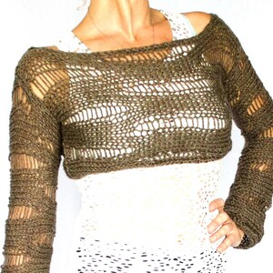 Distressed Bolero Shrug, Forestcore Light Brown Cropped Sweater, Long Sleeve Short Knitwear Desert Festival Layering Open Knit Top